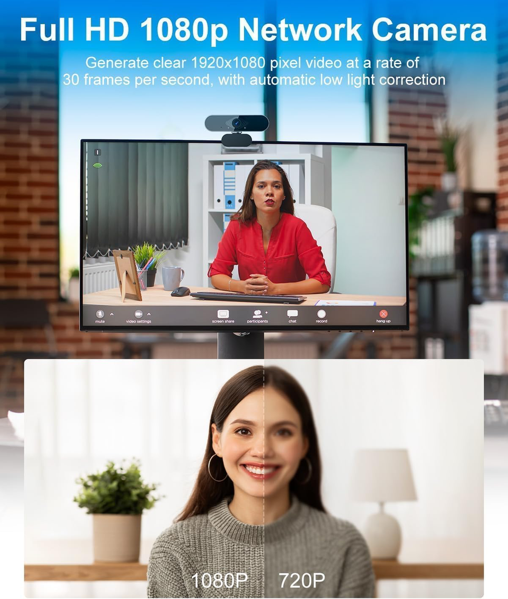 Webcam 1080P avec Microphone, Full HD Camera PC Grand Angle 90 ° 30fps
