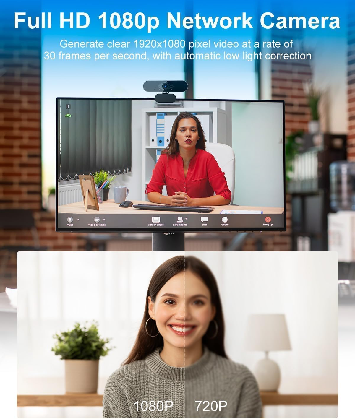 Yuio Webcam 1080P avec Microphone, Full HD Camera PC Grand Angle 90 ° 30fps