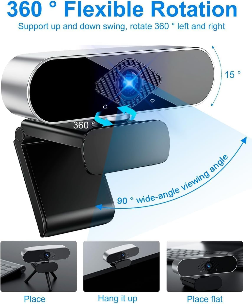 Webcam 1080P avec Microphone, Full HD Camera PC Grand Angle 90 ° 30fps