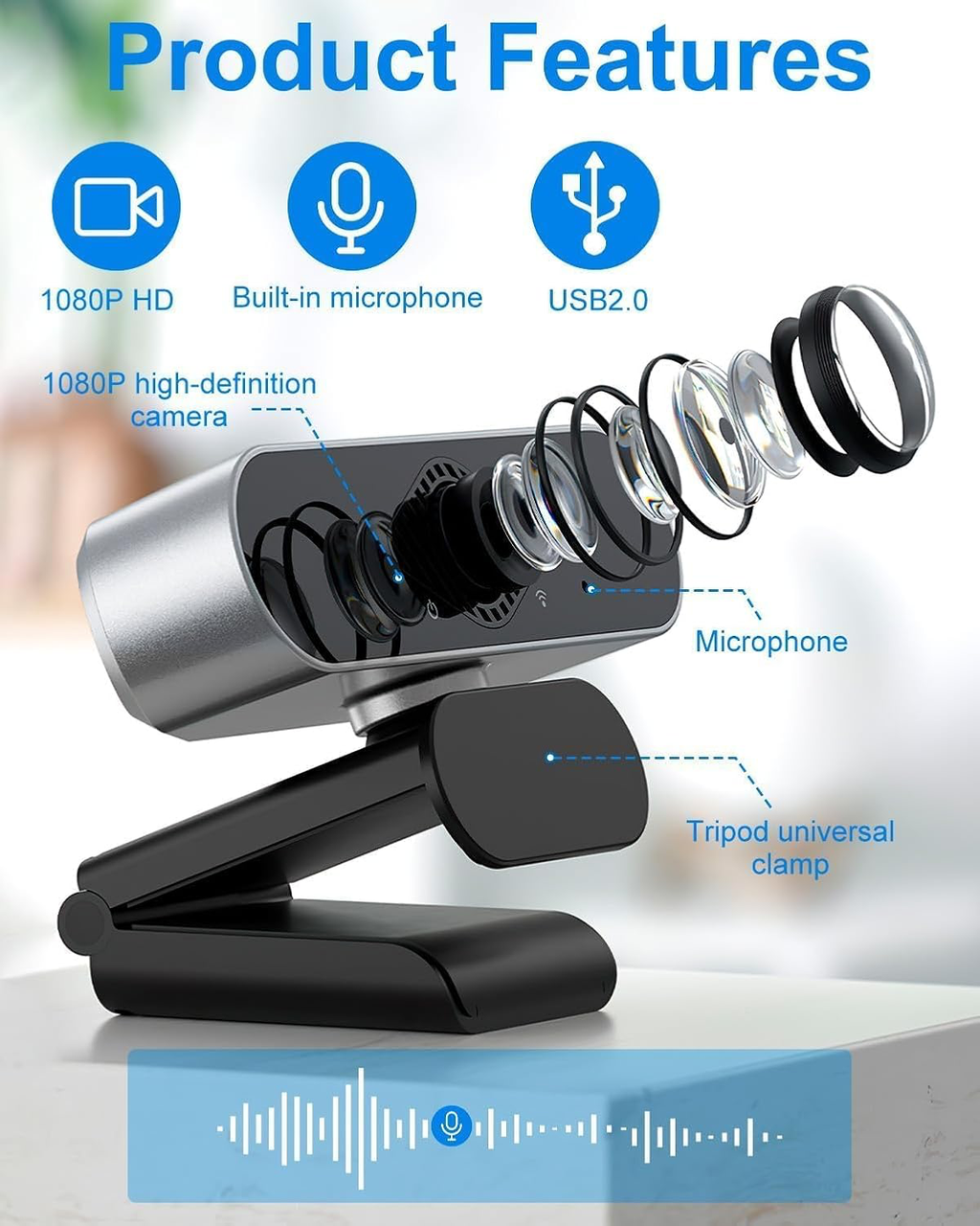Webcam 1080P avec Microphone, Full HD Camera PC Grand Angle 90 ° 30fps