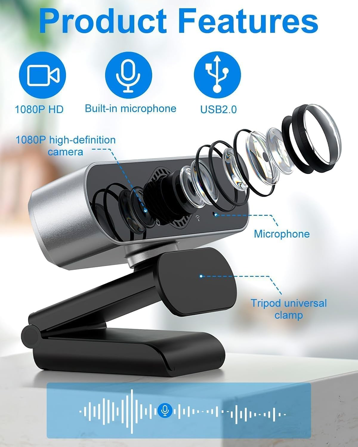 Yuio Webcam 1080P avec Microphone, Full HD Camera PC Grand Angle 90 ° 30fps