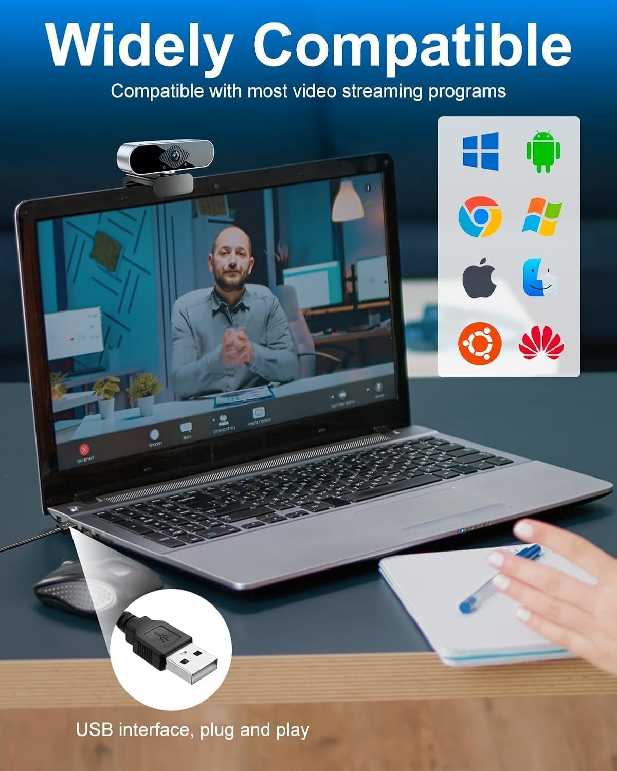 Yuio Webcam 1080P avec Microphone, Full HD Camera PC Grand Angle 90 ° 30fps