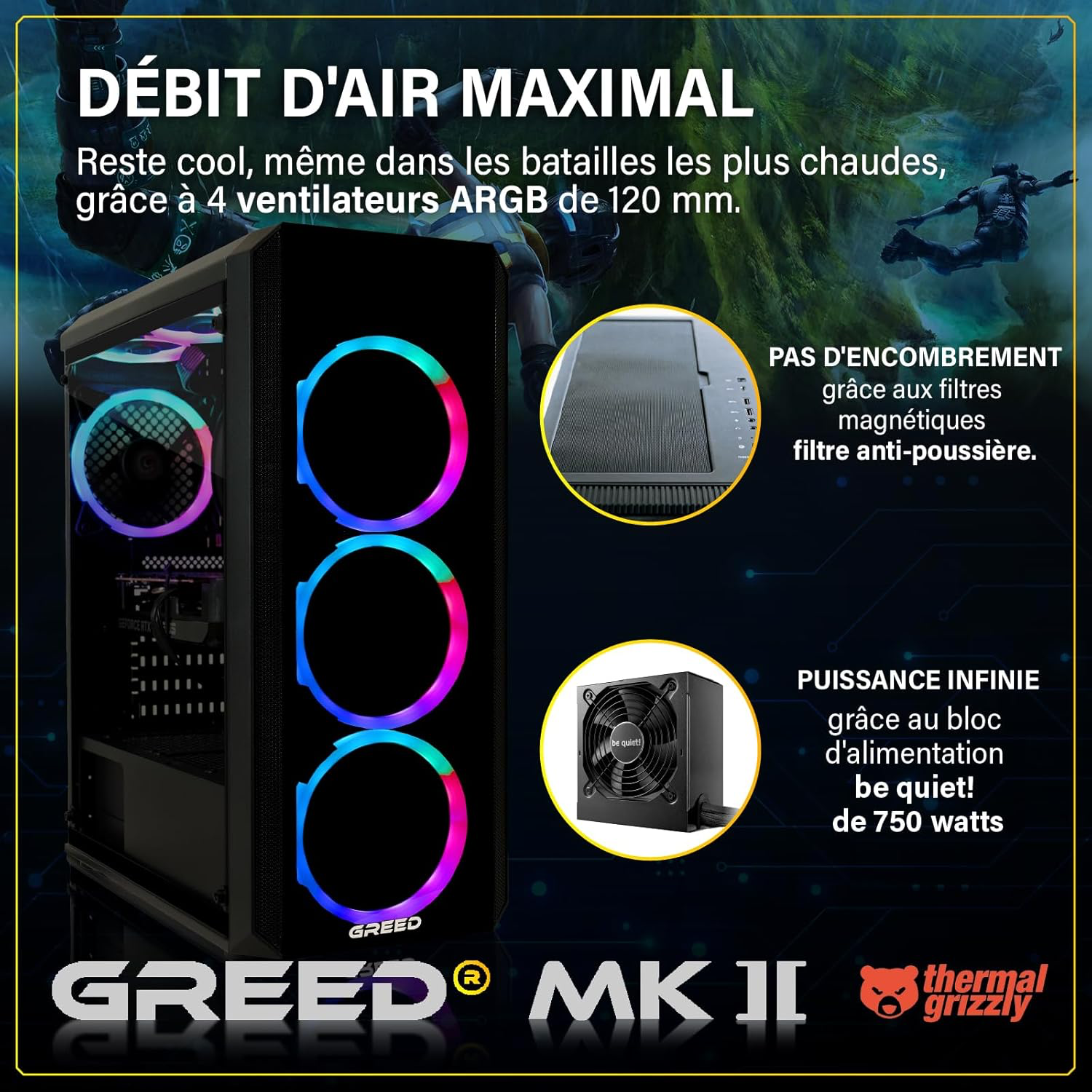 Greed® MK2 - High End PC Gamer - AMD Ryzen 7 5700X + Nvidia Geforce RTX 5060 - Ordinateur RGB Ultra Rapide + PC Gaming 4K Raytracing avec 4.6 GHZ - 16 Go DDR4 RAM - 1 TB SSD - WLAN + W11 Pro