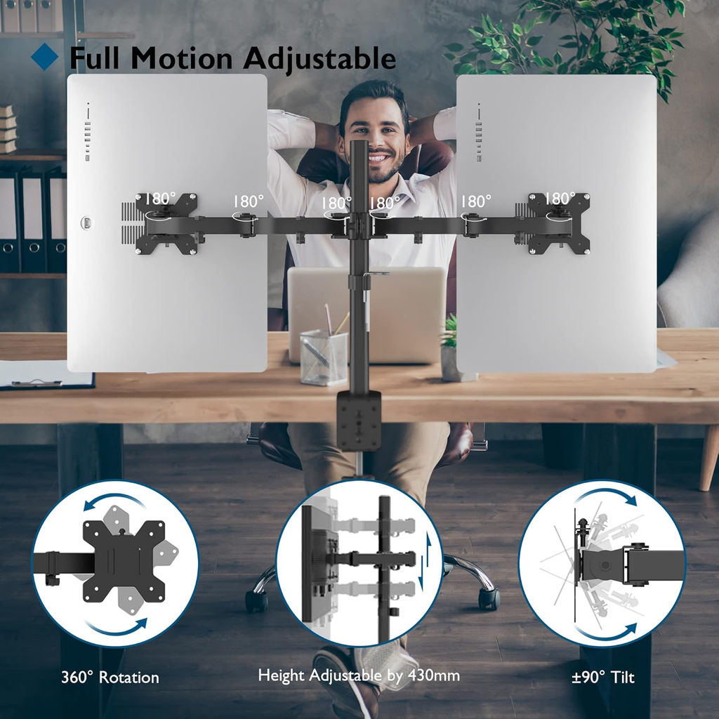Support Ecran PC 2 Ecran pour Moniteurs de 13-27 Pouces, Bras Ecran PC Réglable en Hauteur, Inclinable, Rotatif et Pivotant, Poids Max 10KG, VESA 75/100