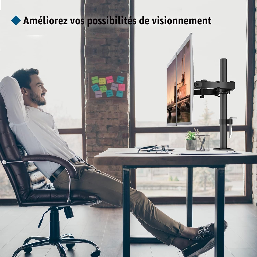 Support Ecran PC 2 Ecran pour Moniteurs de 13-27 Pouces, Bras Ecran PC Réglable en Hauteur, Inclinable, Rotatif et Pivotant, Poids Max 10KG, VESA 75/100