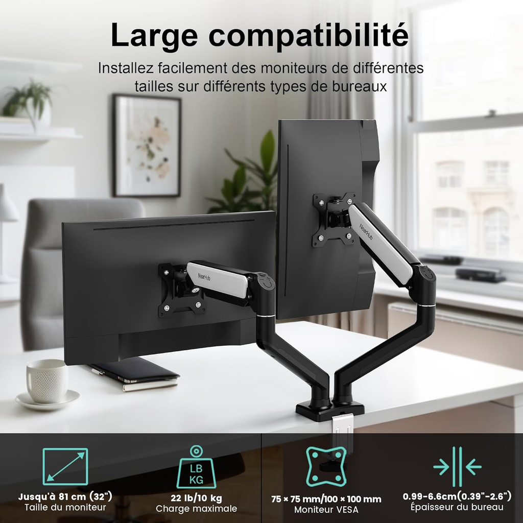 Support Écran PC 2 Écran pour 13 à 32 Pouces, Réglable en Hauteur Bras Double avec Incline, Pivote et Tourne