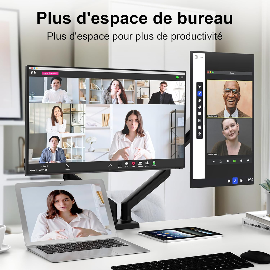 Support Écran PC 2 Écran pour 13 à 32 Pouces, Réglable en Hauteur Bras Double avec Incline, Pivote et Tourne