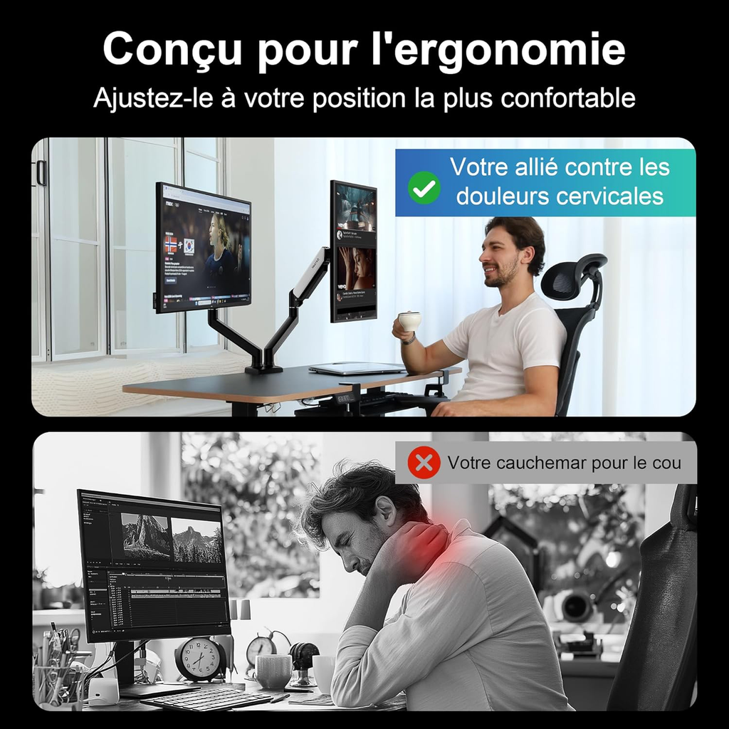 Support Écran PC 2 Écran pour 13 à 32 Pouces, Réglable en Hauteur Bras Double avec Incline, Pivote et Tourne