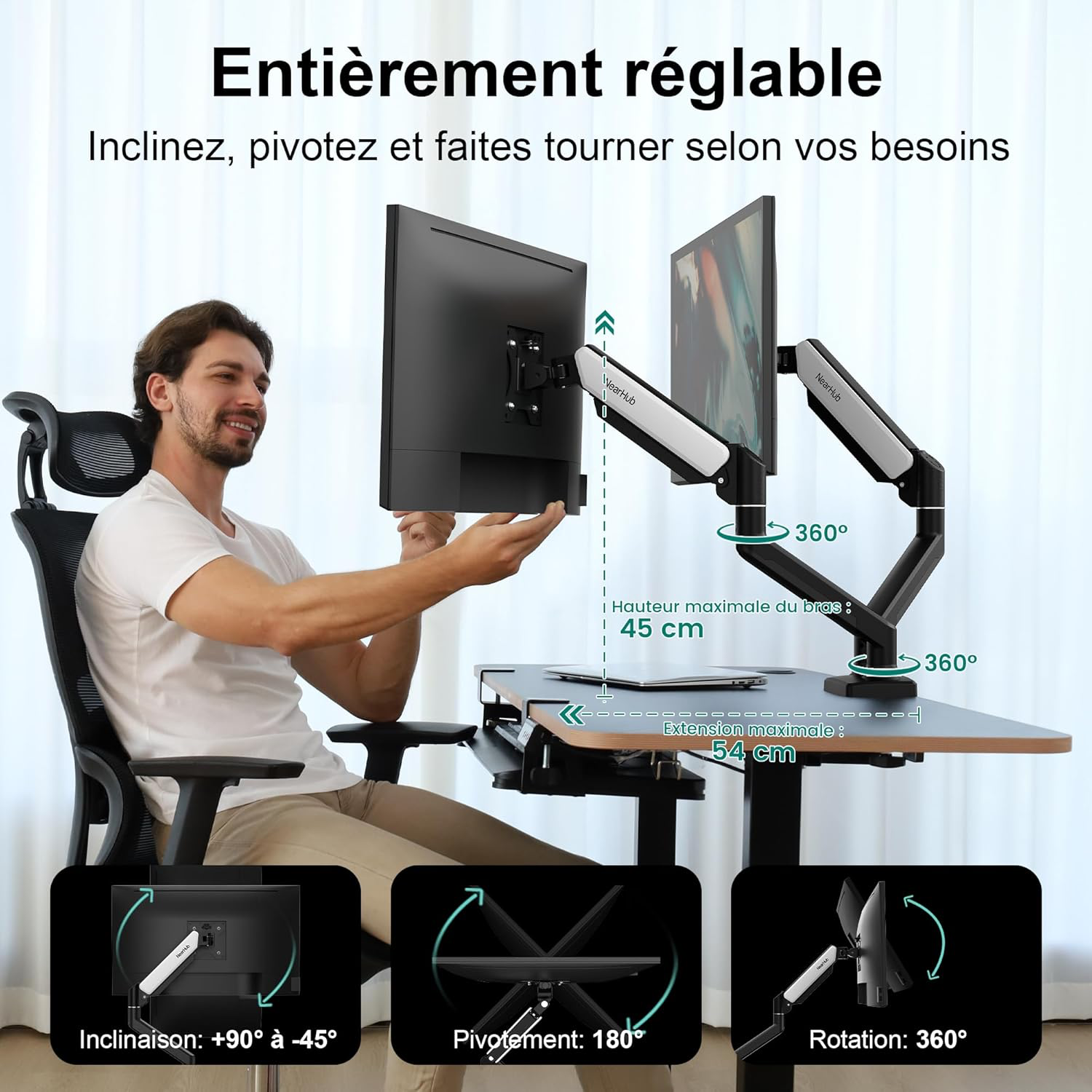 NearHub Support Écran PC 2 Écran pour 13 à 32 Pouces, Réglable en Hauteur Bras Double avec Incline, Pivote et Tourne