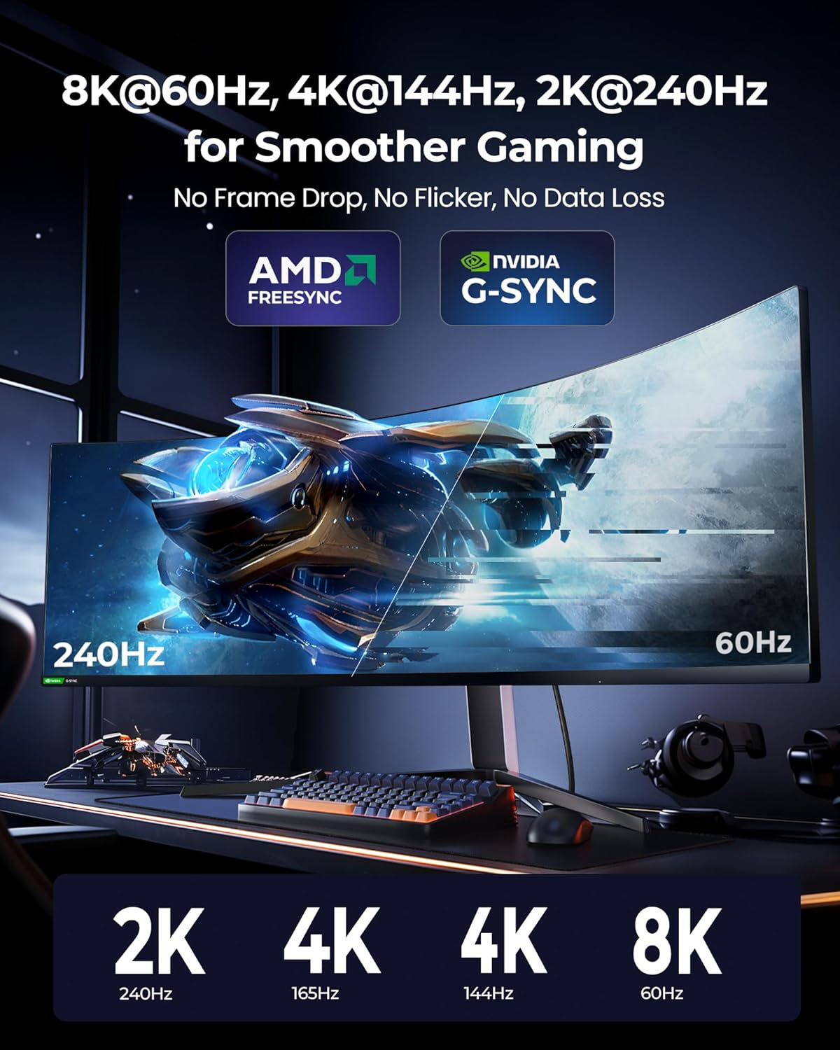 8K Câble DisplayPort 1.4, [Certifié VESA] 4K@144Hz/165Hz, 2K@240Hz, 8K@60Hz, 32.4Gbps Câble DP, HDR, G-Sync Free-Sync