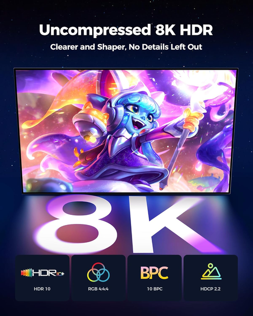 8K Câble DisplayPort 1.4, [Certifié VESA] 4K@144Hz/165Hz, 2K@240Hz, 8K@60Hz, 32.4Gbps Câble DP, HDR, G-Sync Free-Sync