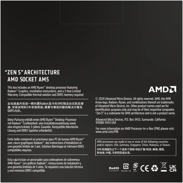 AMD Ryzen 5 9600X Processeur (Radeon Graphique Intégré, 6 Coeurs/12 Threads, 65W TDP, Socket AM5, Cache 38Mo, jusqu'à 5.4 GHz Fréquence Boost, Pas de Ventilateur