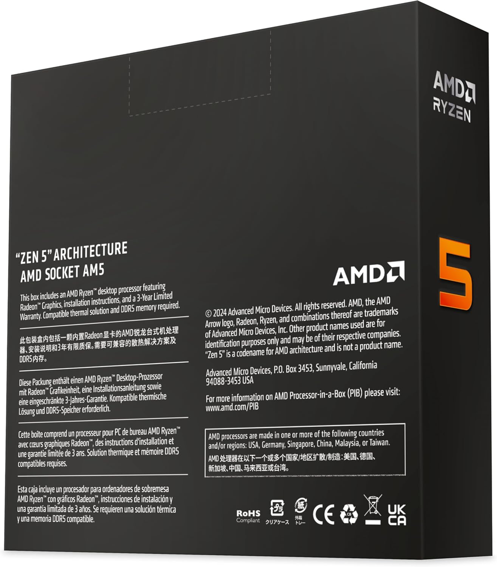 AMD Ryzen 5 9600X Processeur (Radeon Graphique Intégré, 6 Coeurs/12 Threads, 65W TDP, Socket AM5, Cache 38Mo, jusqu'à 5.4 GHz Fréquence Boost, Pas de Ventilateur