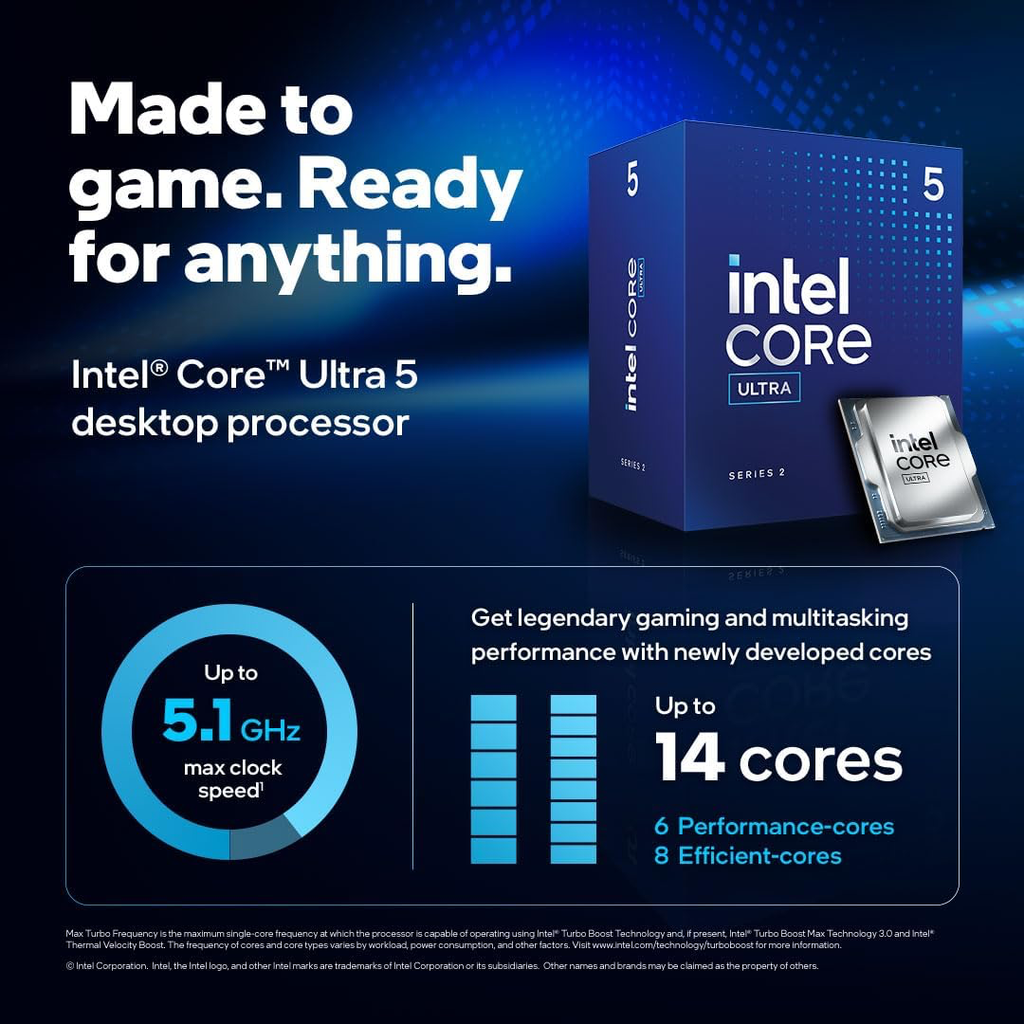 Intel® Core™ Ultra 5 processeur pour PC de Bureau 225, 10 cœurs (6 P-Cores + 4 E-Cores) jusqu'à 4.9 GHz
