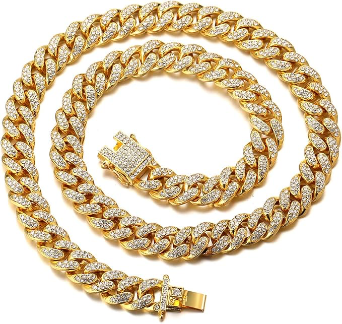 Chaîne Cubain Diamant Homme,14/20MM Plaqué Or Véritable 18 Carats/Platine Or Blanc Collier Ras du Cou Bracelet,Diamants de Laboratoire Incrusté Fabrication Artisanal,avec Boîte-Cadeau