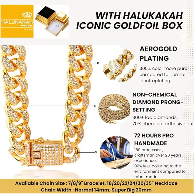 HALUKAKAH Chaîne Cubain Diamant Homme,14/20MM Plaqué Or Véritable 18 Carats/Platine Or Blanc Collier Ras du Cou Bracelet,Diamants de Laboratoire Incrusté Fabrication Artisanal,avec Boîte-Cadeau