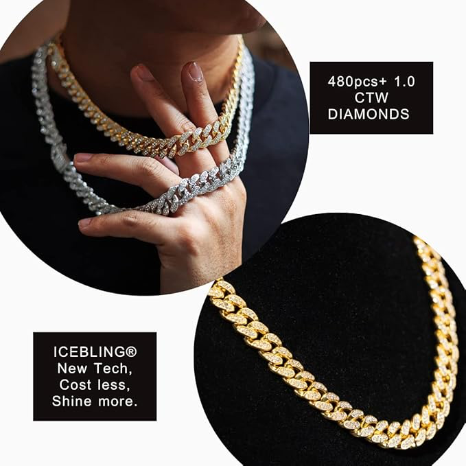 Chaîne Cubain Diamant Homme,14/20MM Plaqué Or Véritable 18 Carats/Platine Or Blanc Collier Ras du Cou Bracelet,Diamants de Laboratoire Incrusté Fabrication Artisanal,avec Boîte-Cadeau