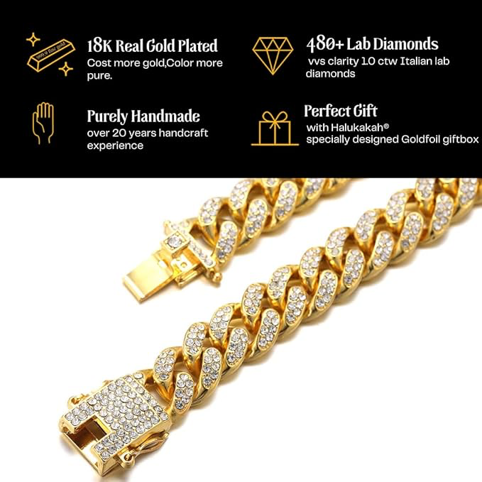 Chaîne Cubain Diamant Homme,14/20MM Plaqué Or Véritable 18 Carats/Platine Or Blanc Collier Ras du Cou Bracelet,Diamants de Laboratoire Incrusté Fabrication Artisanal,avec Boîte-Cadeau