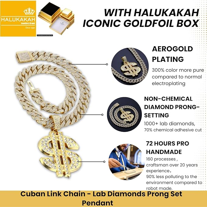 Collier en Diamant pour Homme,Plaqué Or 18k/Platine,Pendentif Serti de Diamants de Laboratoire,15MM Chaîne Cubaine Diamantée 50cm,Cadeau Hip-Hop