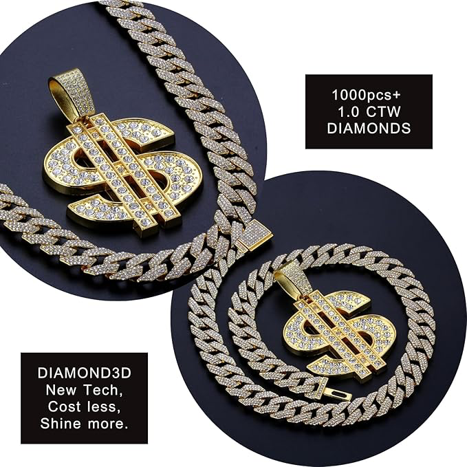 Collier en Diamant pour Homme,Plaqué Or 18k/Platine,Pendentif Serti de Diamants de Laboratoire,15MM Chaîne Cubaine Diamantée 50cm,Cadeau Hip-Hop