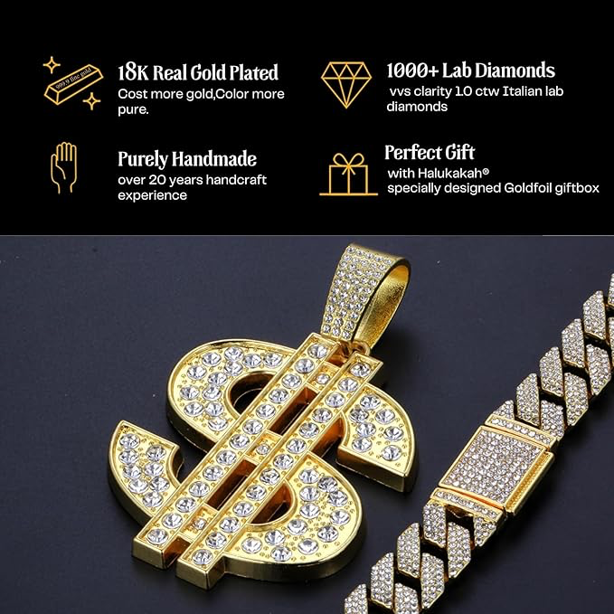 Collier en Diamant pour Homme,Plaqué Or 18k/Platine,Pendentif Serti de Diamants de Laboratoire,15MM Chaîne Cubaine Diamantée 50cm,Cadeau Hip-Hop