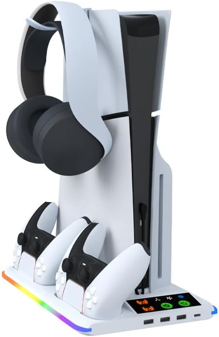 Support PS5 pour PS 5/PS5 Slim - Station Vertical Ventilateur de Refroidissement à 3 Vitesses, 2 Chargeur Manette PlayStation, Lumière RVB, Socle PS Cinq avec 3 Ports USB et Crochet pour Casque