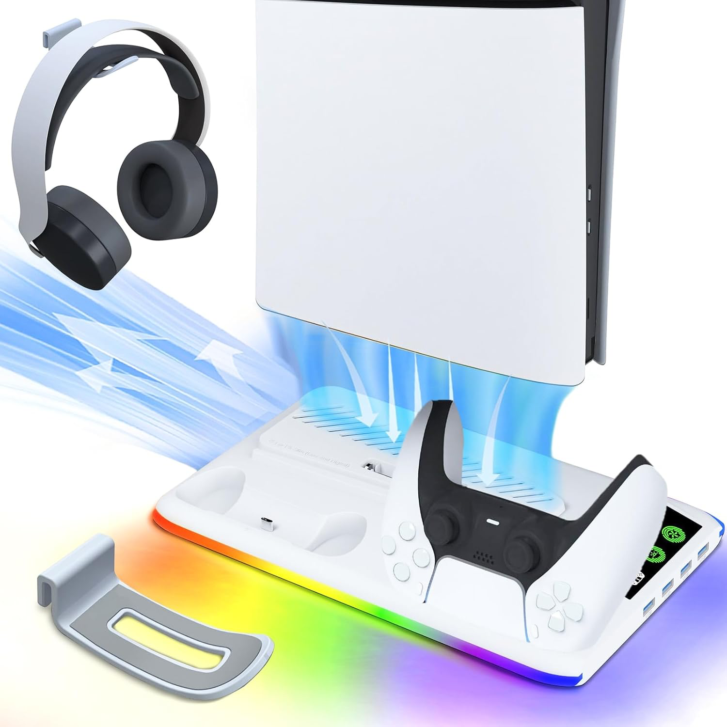 Support PS5 pour PS 5/PS5 Slim - Station Vertical Ventilateur de Refroidissement à 3 Vitesses, 2 Chargeur Manette PlayStation, Lumière RVB, Socle PS Cinq avec 3 Ports USB et Crochet pour Casque