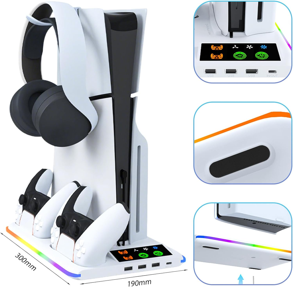 Support PS5 pour PS 5/PS5 Slim - Station Vertical Ventilateur de Refroidissement à 3 Vitesses, 2 Chargeur Manette PlayStation, Lumière RVB, Socle PS Cinq avec 3 Ports USB et Crochet pour Casque