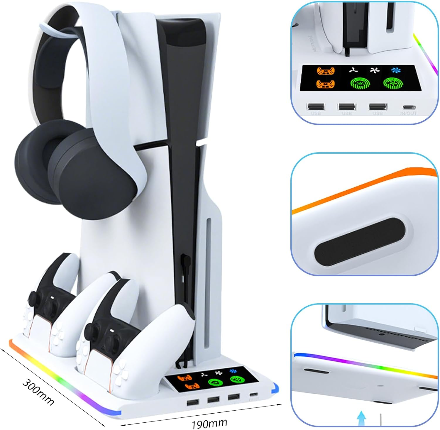 Support PS5 pour PS 5/PS5 Slim - Station Vertical Ventilateur de Refroidissement à 3 Vitesses, 2 Chargeur Manette PlayStation, Lumière RVB, Socle PS Cinq avec 3 Ports USB et Crochet pour Casque