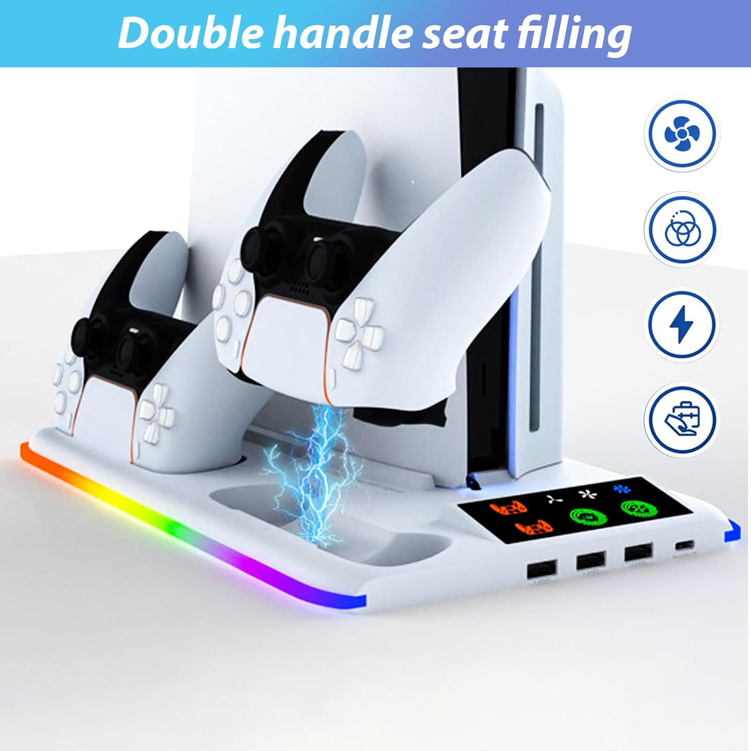 Support PS5 pour PS 5/PS5 Slim - Station Vertical Ventilateur de Refroidissement à 3 Vitesses, 2 Chargeur Manette PlayStation, Lumière RVB, Socle PS Cinq avec 3 Ports USB et Crochet pour Casque