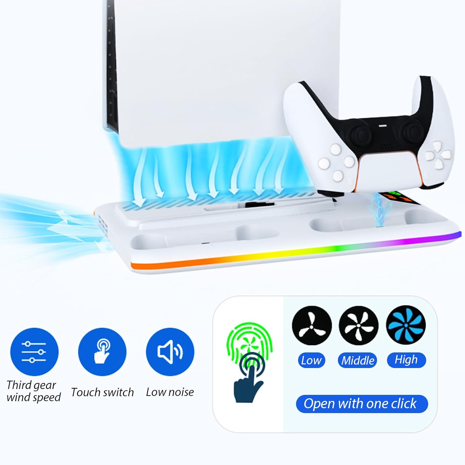 Support PS5 pour PS 5/PS5 Slim - Station Vertical Ventilateur de Refroidissement à 3 Vitesses, 2 Chargeur Manette PlayStation, Lumière RVB, Socle PS Cinq avec 3 Ports USB et Crochet pour Casque