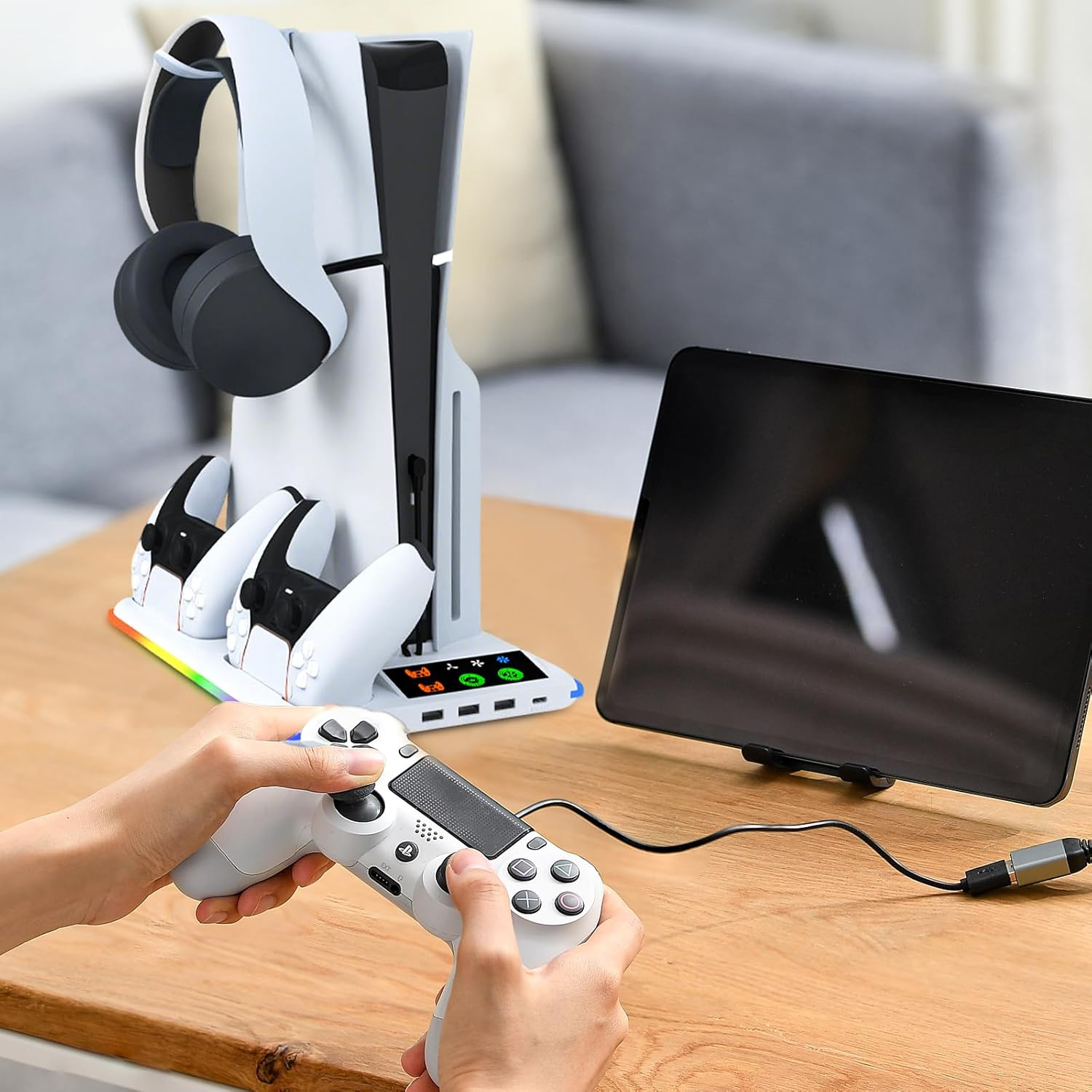 Support PS5 pour PS 5/PS5 Slim - Station Vertical Ventilateur de Refroidissement à 3 Vitesses, 2 Chargeur Manette PlayStation, Lumière RVB, Socle PS Cinq avec 3 Ports USB et Crochet pour Casque