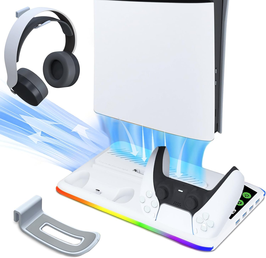 Support PS5 pour PS 5/PS5 Slim - Station Vertical Ventilateur de Refroidissement à 3 Vitesses, 2 Chargeur Manette PlayStation, Lumière RVB, Socle PS Cinq avec 3 Ports USB et Crochet pour Casque