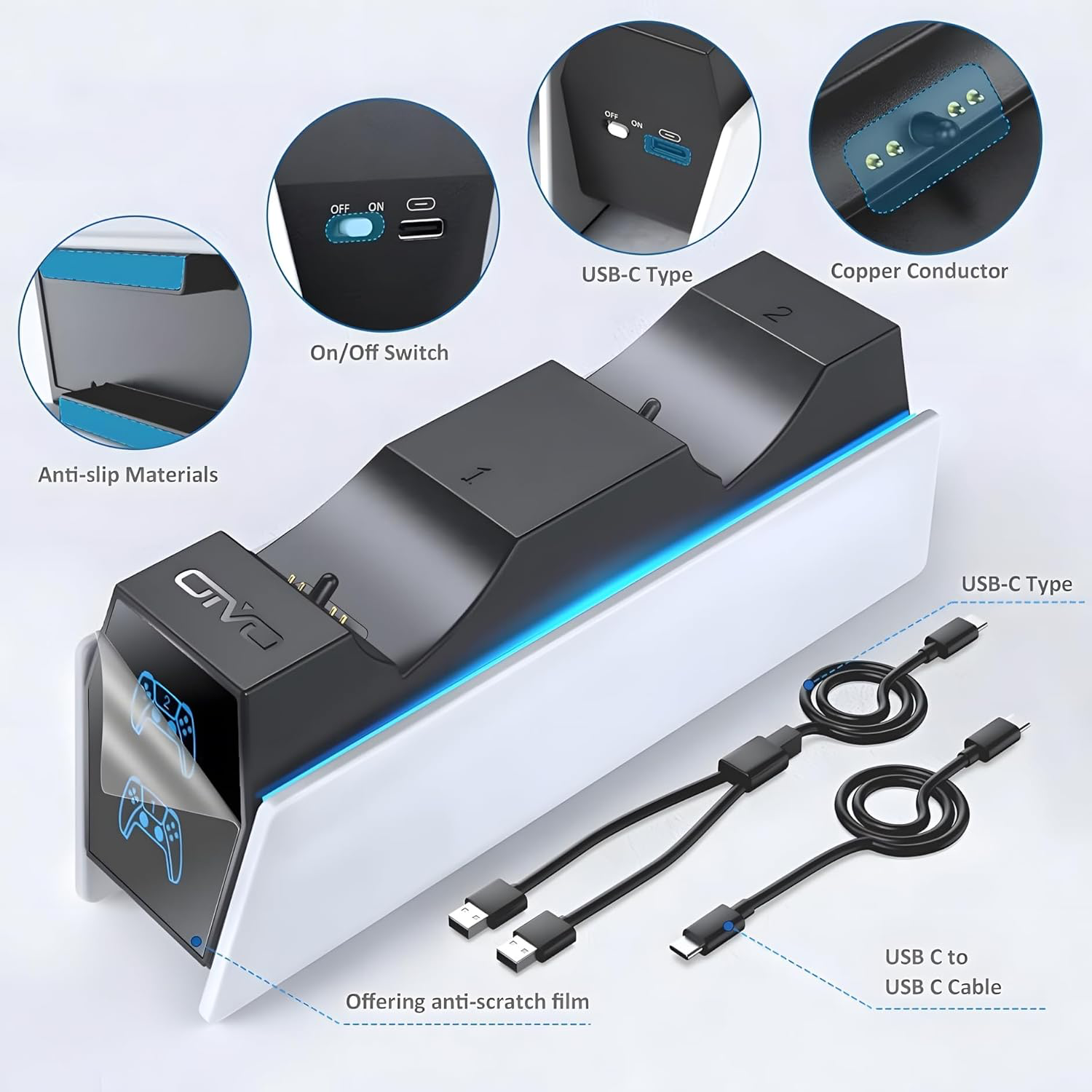 OIVO Chargeur Manette PS5, 2H Rapide Chargeur ps5 avec 2 Types de Câble pour Manette PS5, Station de Chargement Compatible avec Manettes DualSense PlayStation 5