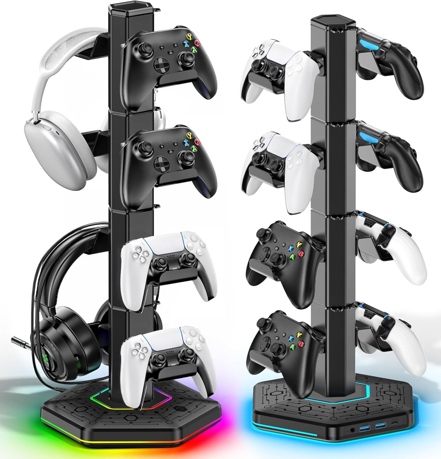 Support Multifonction pour Manettes et Casque avec Ports USB, Crochet Détachable pour Organisateur de Câbles, Rangement Accessoires Gaming pour PS5/Xbox/Switch, Idéal en Cadeau pour Gamers