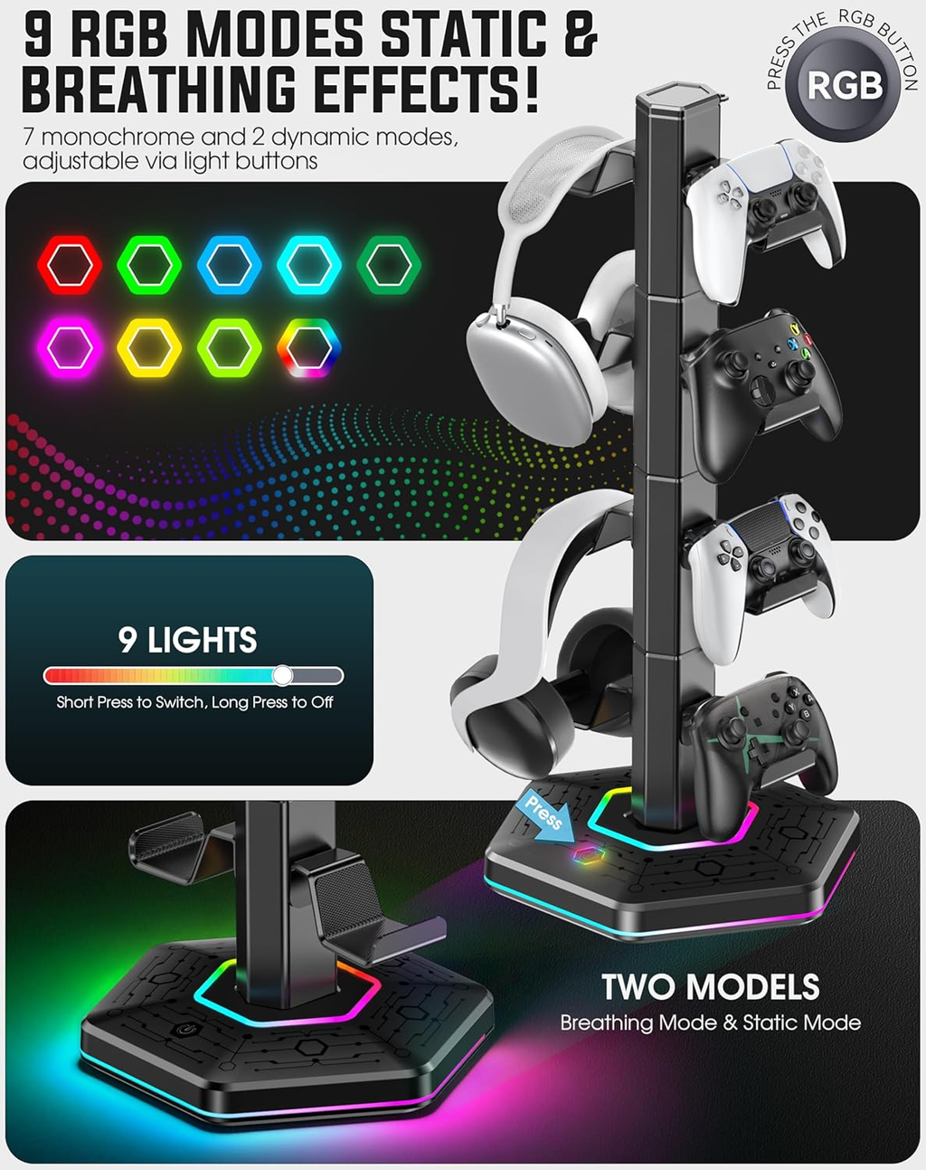 Support Multifonction pour Manettes et Casque avec Ports USB, Crochet Détachable pour Organisateur de Câbles, Rangement Accessoires Gaming pour PS5/Xbox/Switch, Idéal en Cadeau pour Gamers