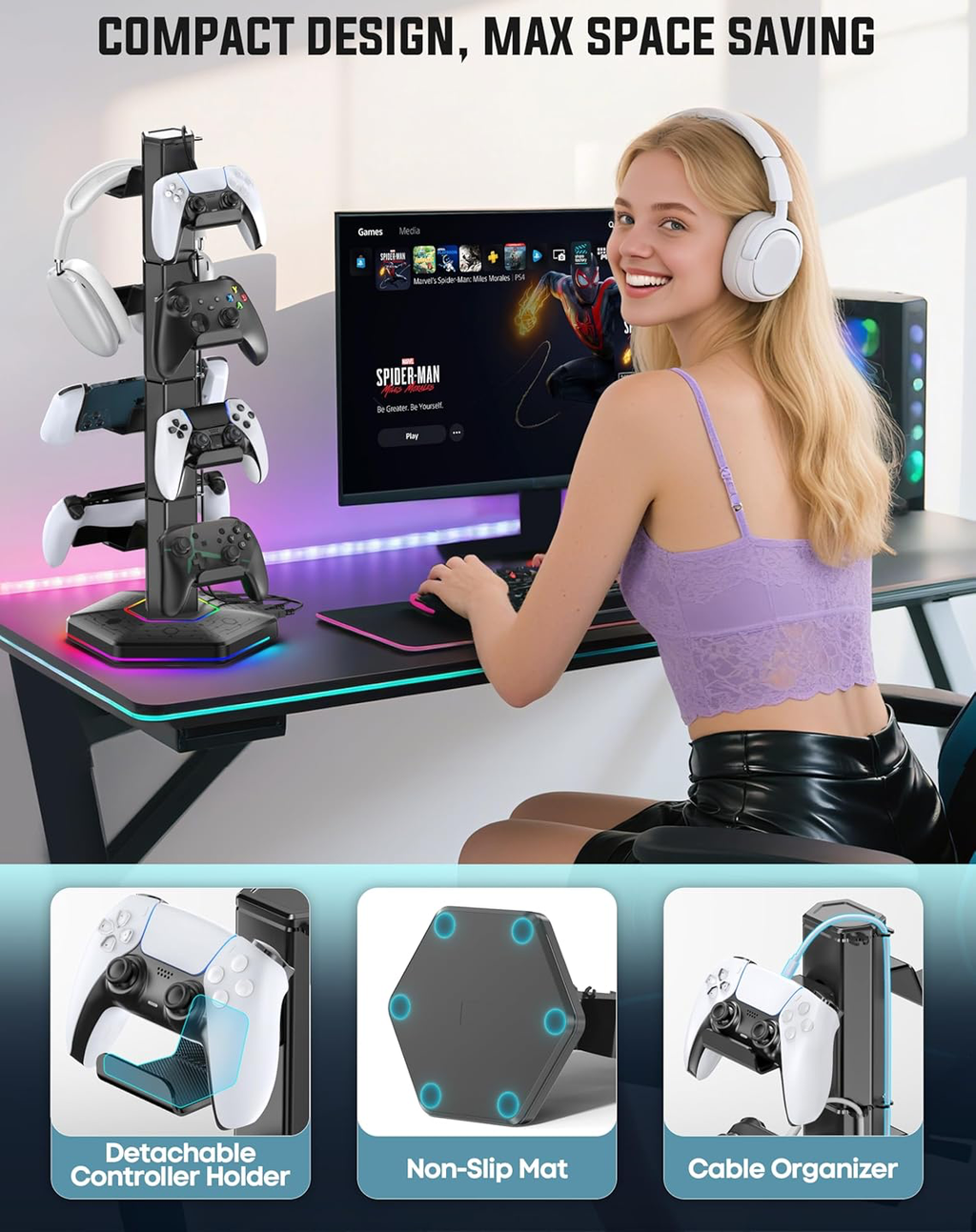 Support Multifonction pour Manettes et Casque avec Ports USB, Crochet Détachable pour Organisateur de Câbles, Rangement Accessoires Gaming pour PS5/Xbox/Switch, Idéal en Cadeau pour Gamers