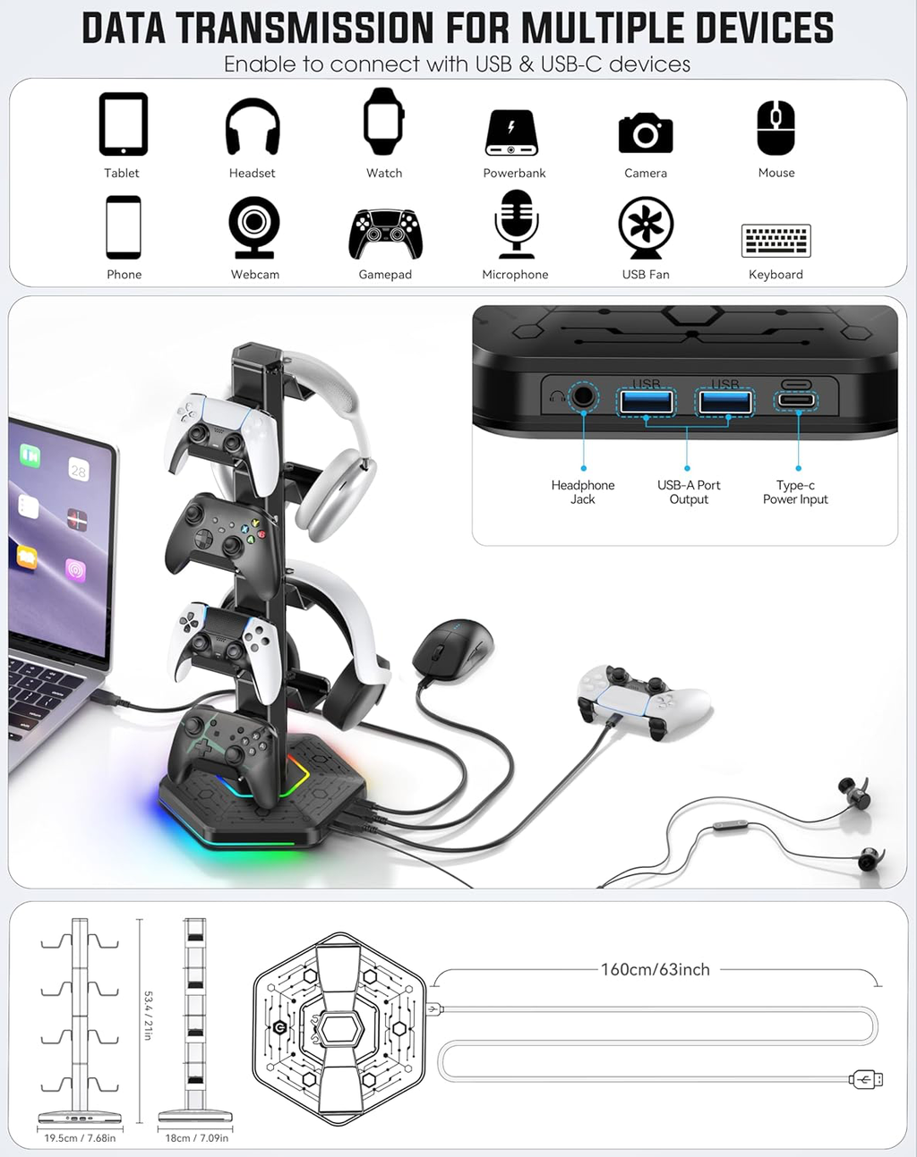 Support Multifonction pour Manettes et Casque avec Ports USB, Crochet Détachable pour Organisateur de Câbles, Rangement Accessoires Gaming pour PS5/Xbox/Switch, Idéal en Cadeau pour Gamers