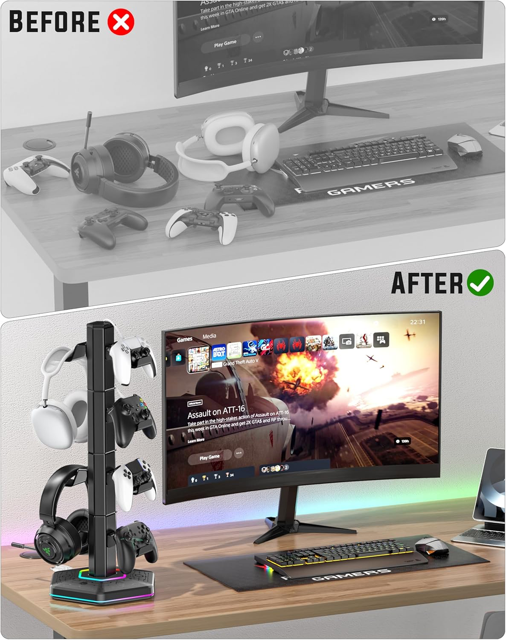 Support Multifonction pour Manettes et Casque avec Ports USB, Crochet Détachable pour Organisateur de Câbles, Rangement Accessoires Gaming pour PS5/Xbox/Switch, Idéal en Cadeau pour Gamers