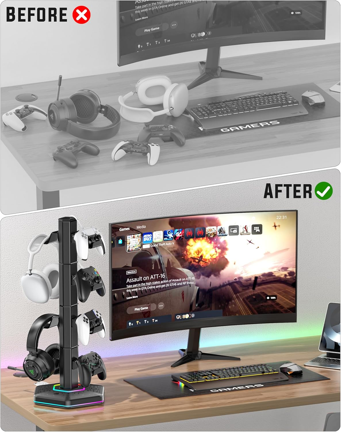 Support Multifonction pour Manettes et Casque avec Ports USB, Crochet Détachable pour Organisateur de Câbles, Rangement Accessoires Gaming pour PS5/Xbox/Switch, Idéal en Cadeau pour Gamers