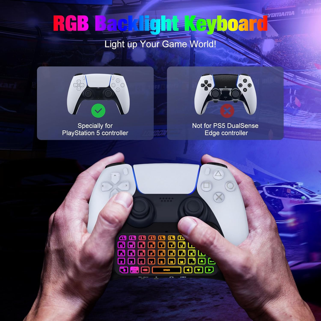 Clavier Rétro-Éclairage RVB Compatible avec Manette PS5, Mini Clavier Contrôleur Jeu sans Fil Bluetooth pour Playstation 5 avec Haut-Parleur Intégré&Prise Audio 3,5mm, Accessoire pour Manette PS5