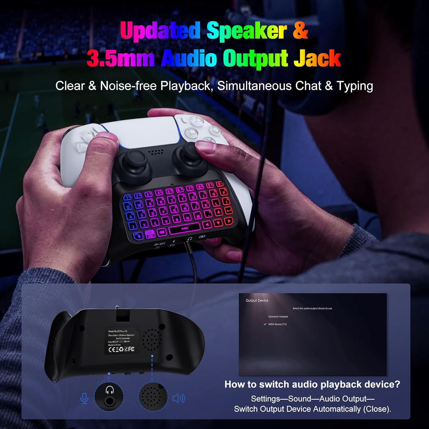 MoKo Clavier Rétro-Éclairage RVB Compatible avec Manette PS5, Mini Clavier Contrôleur Jeu sans Fil Bluetooth pour Playstation 5 avec Haut-Parleur Intégré&Prise Audio 3,5mm, Accessoire pour Manette PS5