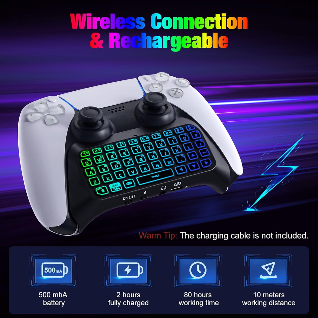 Clavier Rétro-Éclairage RVB Compatible avec Manette PS5, Mini Clavier Contrôleur Jeu sans Fil Bluetooth pour Playstation 5 avec Haut-Parleur Intégré&Prise Audio 3,5mm, Accessoire pour Manette PS5