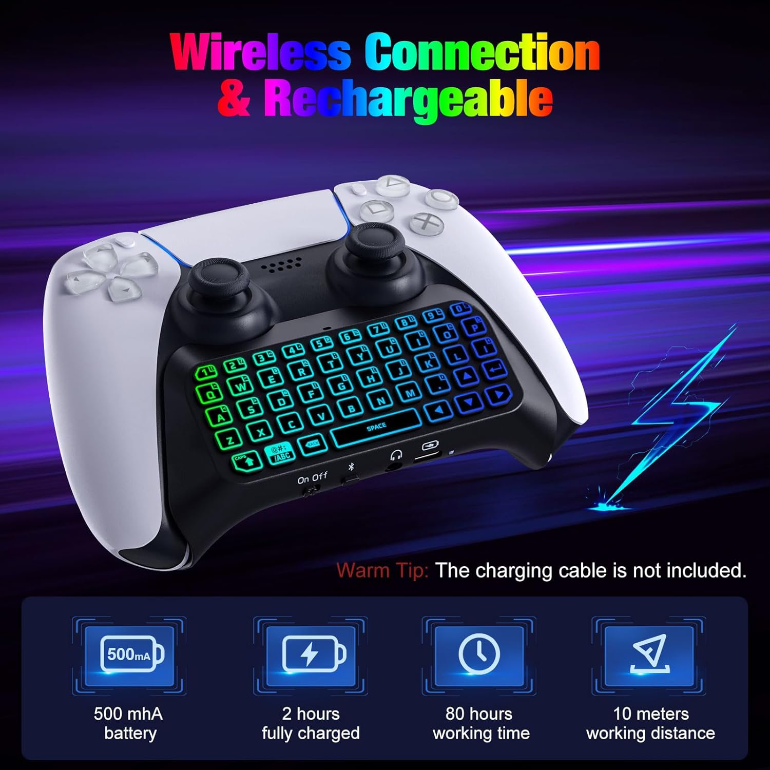 Clavier Rétro-Éclairage RVB Compatible avec Manette PS5, Mini Clavier Contrôleur Jeu sans Fil Bluetooth pour Playstation 5 avec Haut-Parleur Intégré&Prise Audio 3,5mm, Accessoire pour Manette PS5