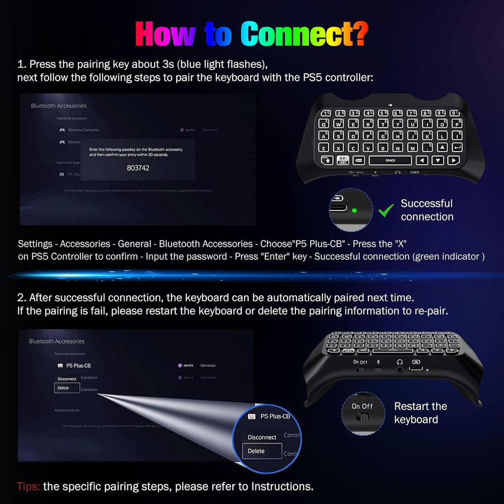 Clavier Rétro-Éclairage RVB Compatible avec Manette PS5, Mini Clavier Contrôleur Jeu sans Fil Bluetooth pour Playstation 5 avec Haut-Parleur Intégré&Prise Audio 3,5mm, Accessoire pour Manette PS5