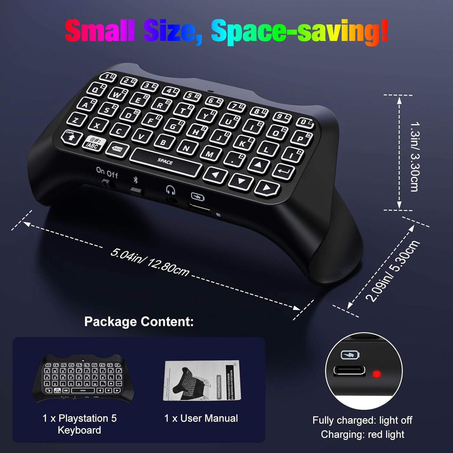 Clavier Rétro-Éclairage RVB Compatible avec Manette PS5, Mini Clavier Contrôleur Jeu sans Fil Bluetooth pour Playstation 5 avec Haut-Parleur Intégré&Prise Audio 3,5mm, Accessoire pour Manette PS5