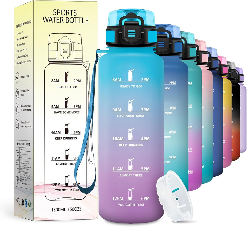 Gourde 1.5L, Bouteille Motivation avec Marqueur de Temps, Gourde avec Filtre, Étanche, Reutilisable pour Voyage, Camping, Bureau