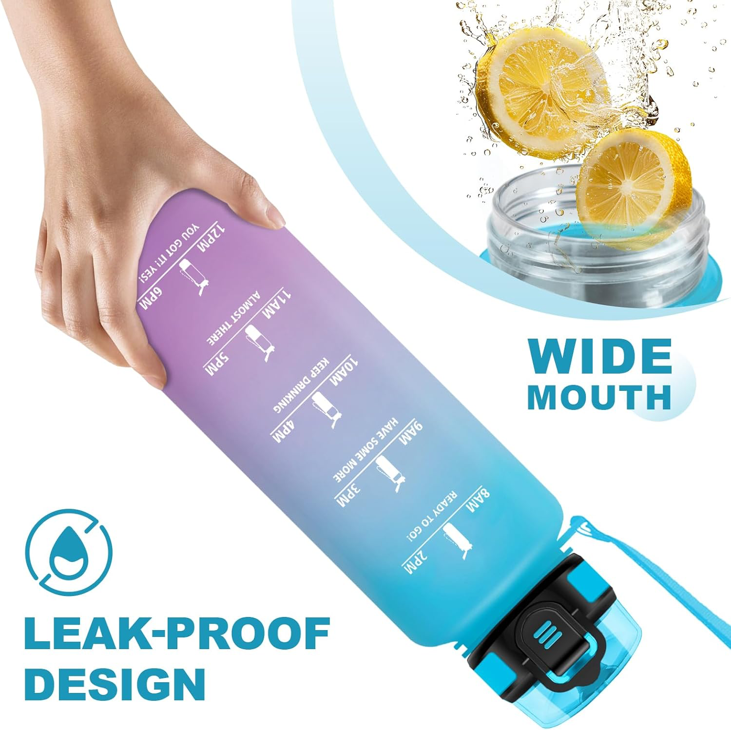 Gourde 1.5L, Bouteille Motivation avec Marqueur de Temps, Gourde avec Filtre, Étanche, Reutilisable pour Voyage, Camping, Bureau