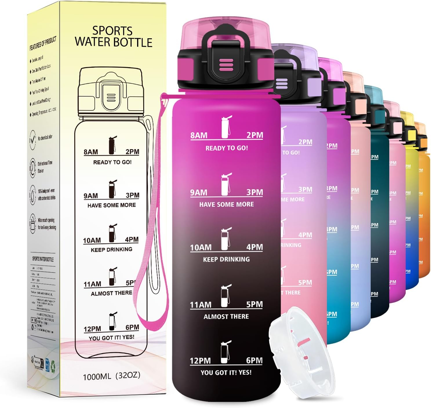 Gourde 1L, Bouteille d'eau avec Marqueur de Temps et Filtre, Étanche & Réutilisable, Bouteille pour Voyage, Randonnée, Cyclisme, Bureau