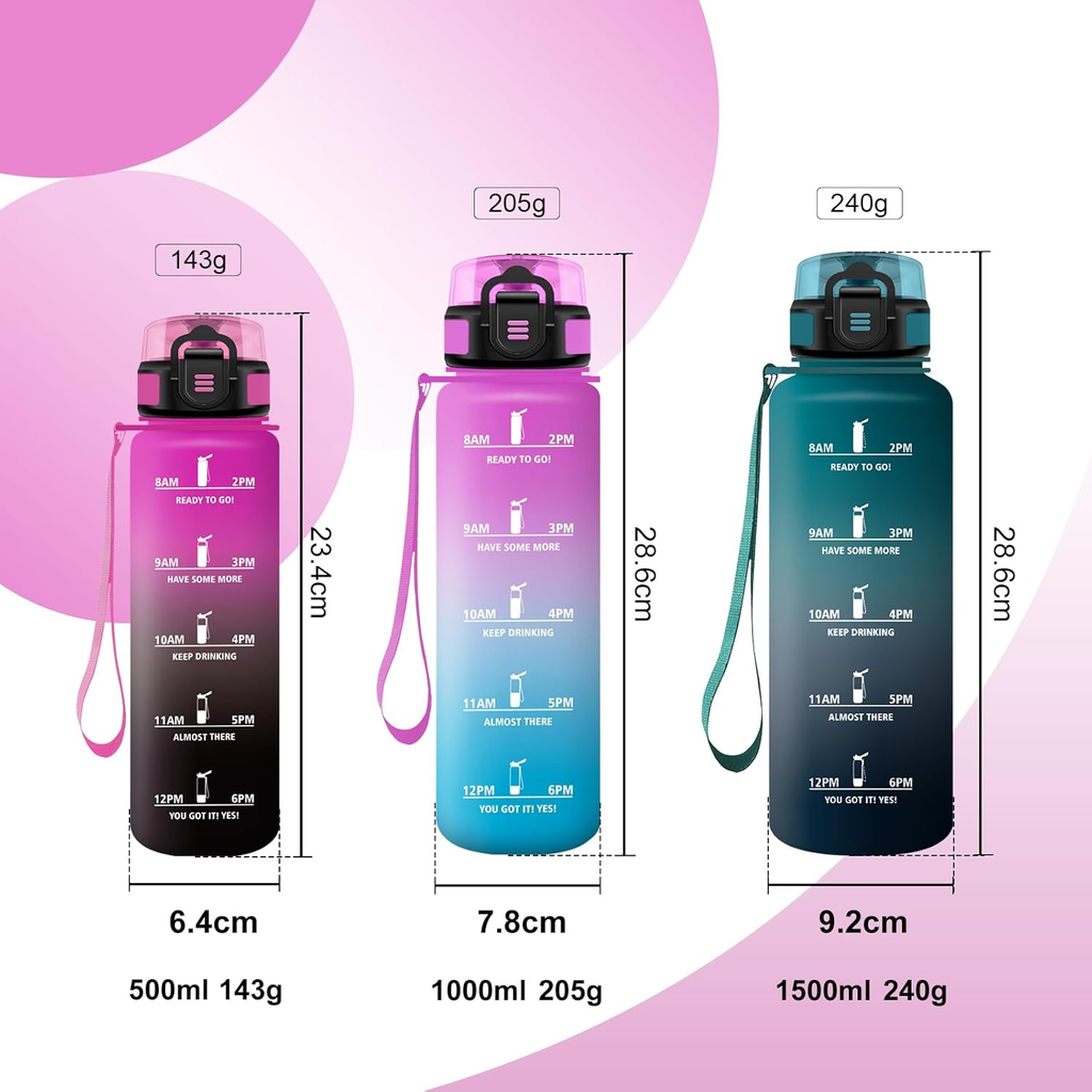 Gourde 1L, Bouteille d'eau avec Marqueur de Temps et Filtre, Étanche & Réutilisable, Bouteille pour Voyage, Randonnée, Cyclisme, Bureau